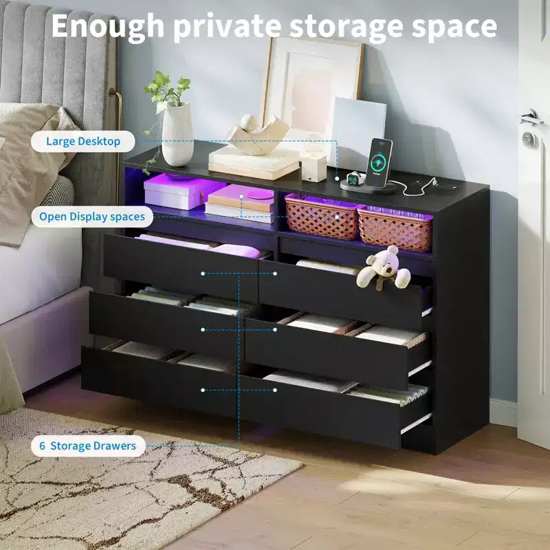 Commode moderne à 6 tiroirs avec station de charge, lumières LED et prise de courant, organisateur de commode pour chambre à coucher, salon, entrée