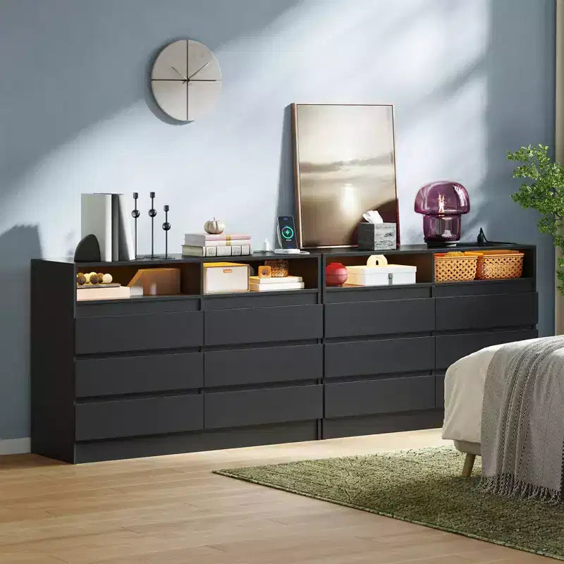 Commode moderne à 6 tiroirs avec station de charge, lumières LED et prise de courant, organisateur de commode pour chambre à coucher, salon, entrée