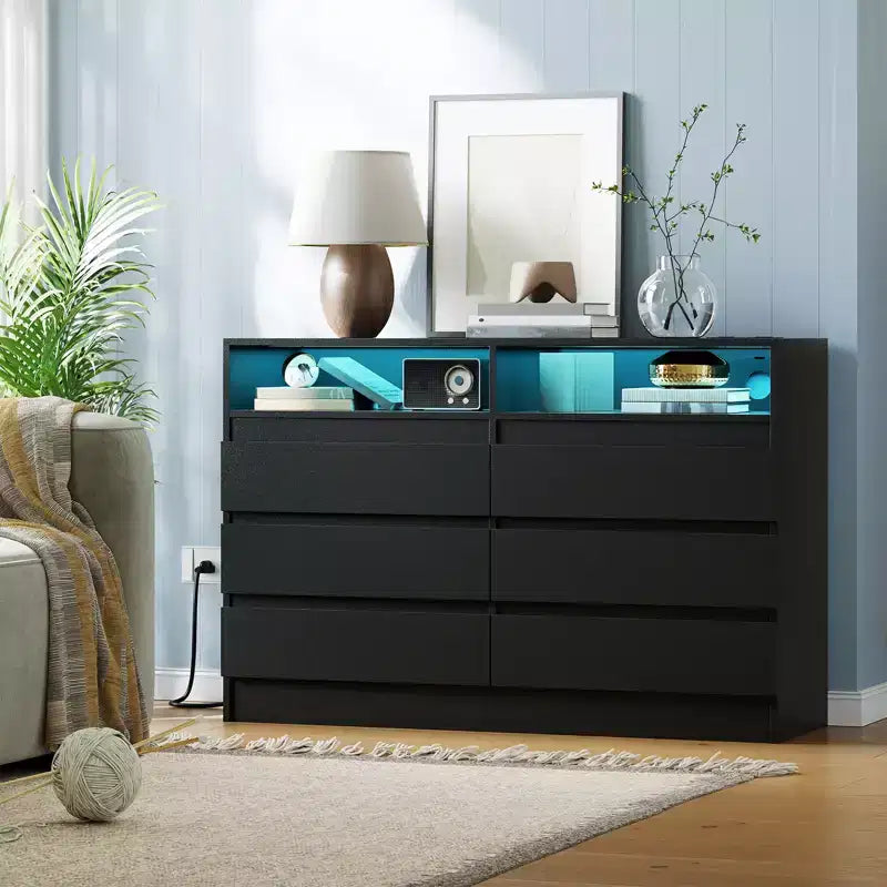 Modern 6-Drawer Dresser with Charging Station, LED Lights & Power Outlet, Chest of Drawers Organizer for Bedroom, Living Room, Entryway