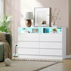 Commode moderne à 6 tiroirs avec station de charge, lumières LED et prise de courant, organisateur de commode pour chambre à coucher, salon, entrée