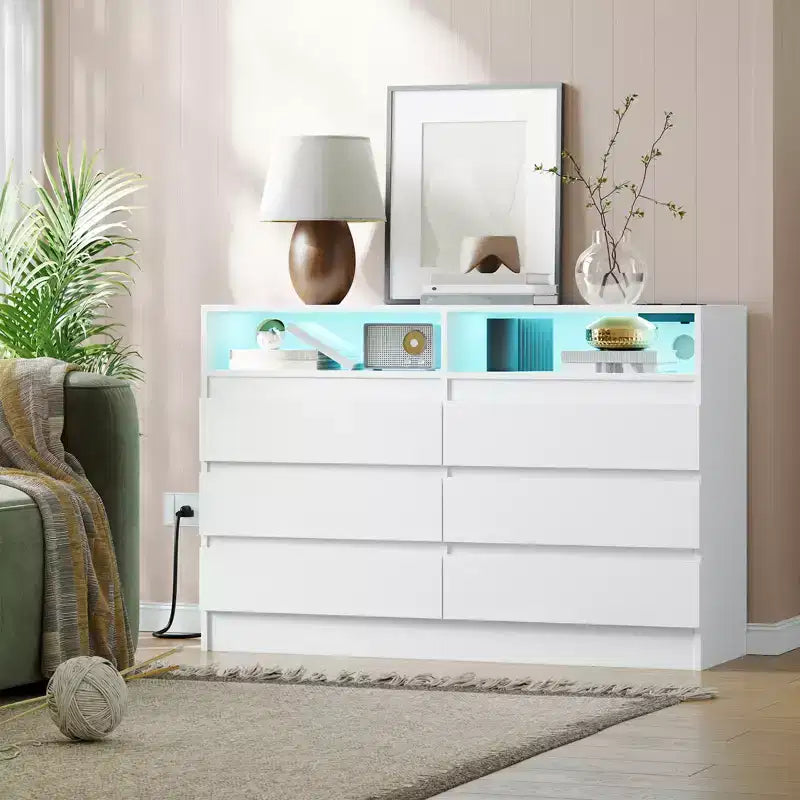 Commode moderne à 6 tiroirs avec station de charge, lumières LED et prise de courant, organisateur de commode pour chambre à coucher, salon, entrée