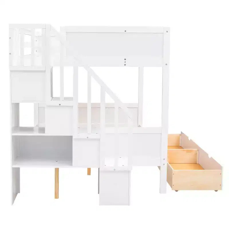 Lit superposé Luxystar double sur lit double avec étagères, 2 tiroirs et escalier de rangement