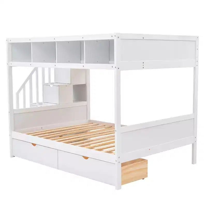 Lit superposé Luxystar double sur lit double avec étagères, 2 tiroirs et escalier de rangement