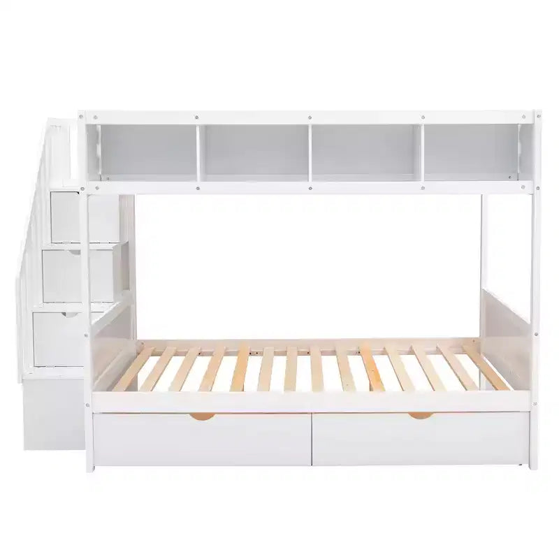 Lit superposé Luxystar double sur lit double avec étagères, 2 tiroirs et escalier de rangement
