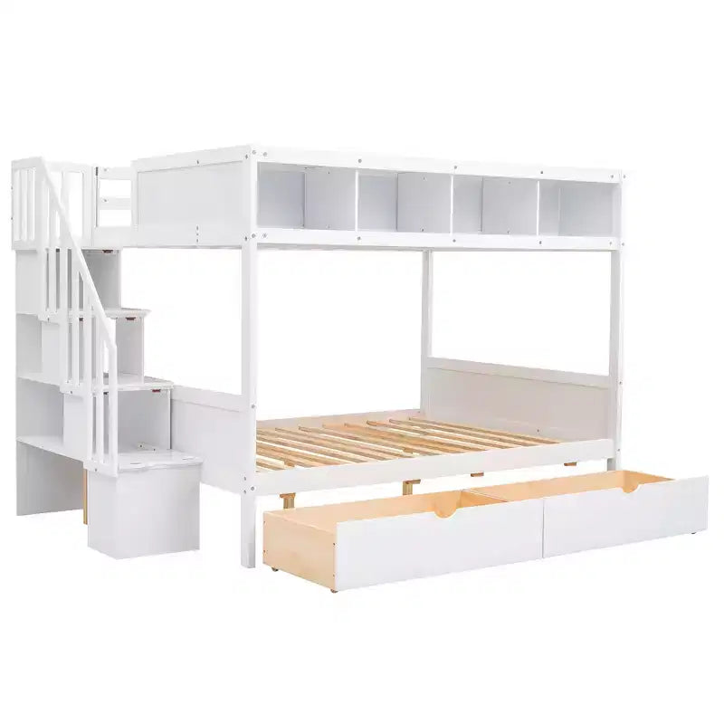Lit superposé Luxystar double sur lit double avec étagères, 2 tiroirs et escalier de rangement