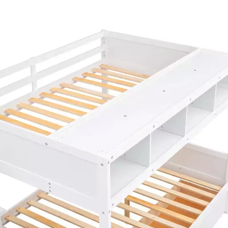 Lit superposé Luxystar double sur lit double avec étagères, 2 tiroirs et escalier de rangement