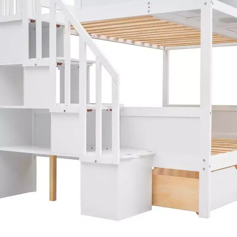 Lit superposé Luxystar double sur lit double avec étagères, 2 tiroirs et escalier de rangement