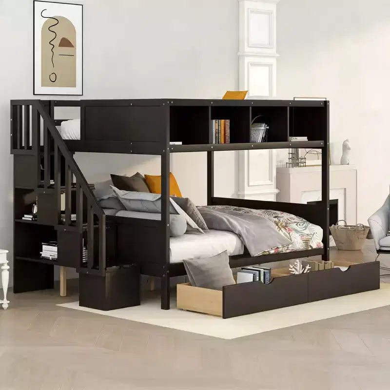 Luxystar Twin over Full Bunk Bed with Shelves, 2 Drawers and Storage Staircase