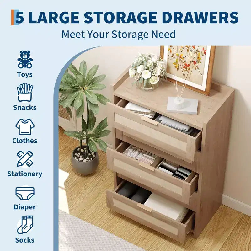 Commode haute Garvee de 117 cm à 5 tiroirs, commode de rangement en rotin à 5 tiroirs pour chambre, salon ou couloir