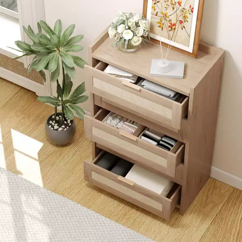 Commode haute Garvee de 117 cm à 5 tiroirs, commode de rangement en rotin à 5 tiroirs pour chambre, salon ou couloir