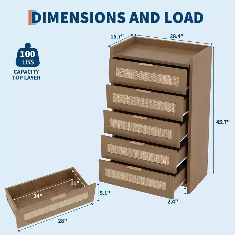 Commode haute Garvee de 117 cm à 5 tiroirs, commode de rangement en rotin à 5 tiroirs pour chambre, salon ou couloir