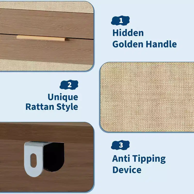 Commode haute Garvee de 117 cm à 5 tiroirs, commode de rangement en rotin à 5 tiroirs pour chambre, salon ou couloir