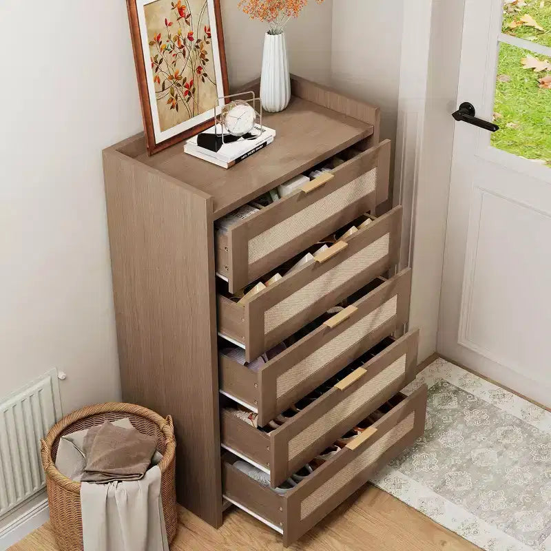Commode haute Garvee de 117 cm à 5 tiroirs, commode de rangement en rotin à 5 tiroirs pour chambre, salon ou couloir