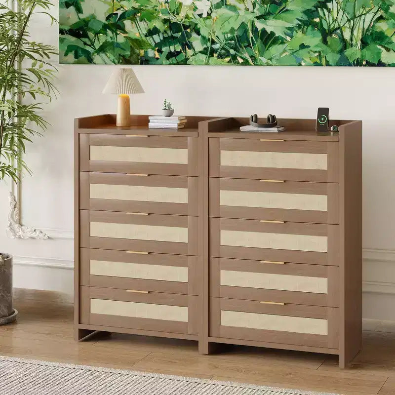 Commode haute Garvee de 117 cm à 5 tiroirs, commode de rangement en rotin à 5 tiroirs pour chambre, salon ou couloir