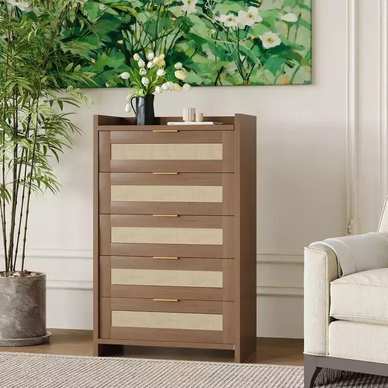 Garvee 46'' Tall 5 Drawer Dresser, 5 Drawer Chest Rattan Dresser for Bedroom Living Room Hallway