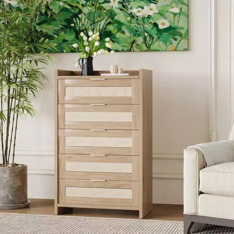 Commode haute Garvee de 117 cm à 5 tiroirs, commode de rangement en rotin à 5 tiroirs pour chambre, salon ou couloir