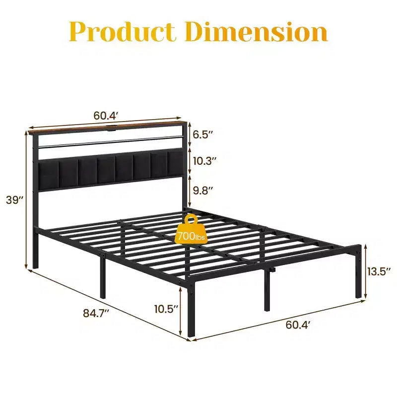 Cadre de lit Queen Size avec station de recharge, lit plateforme avec lattes métalliques, tête de lit rembourrée avec étagères de rangement, aucun sommier tapissier requis