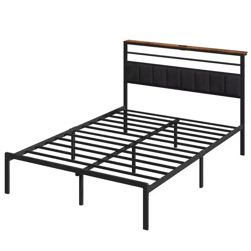 Cadre de lit Queen Size avec station de recharge, lit plateforme avec lattes métalliques, tête de lit rembourrée avec étagères de rangement, aucun sommier tapissier requis