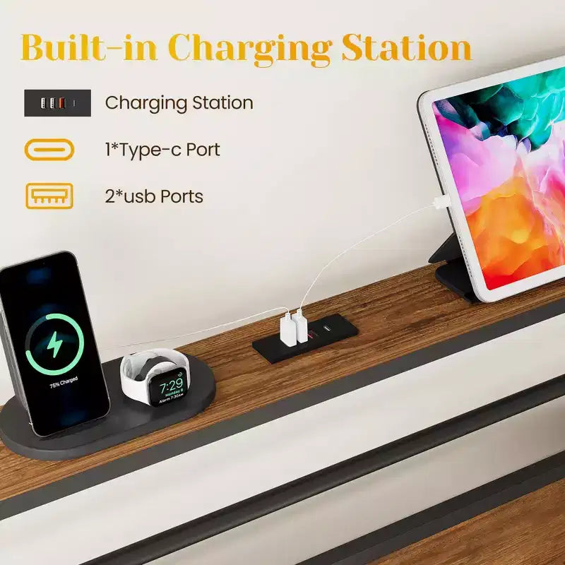Cadre de lit Queen Size avec station de recharge, lit plateforme avec lattes métalliques, tête de lit rembourrée avec étagères de rangement, aucun sommier tapissier requis