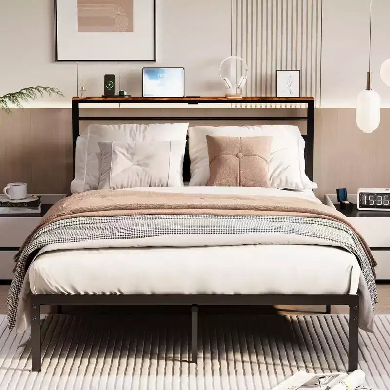 Queen Size Bed Frame with Charging Station, Platform Bed with Metal Slats, Upholstered Headboard with Storage Shelves, No Box Spring Needed
