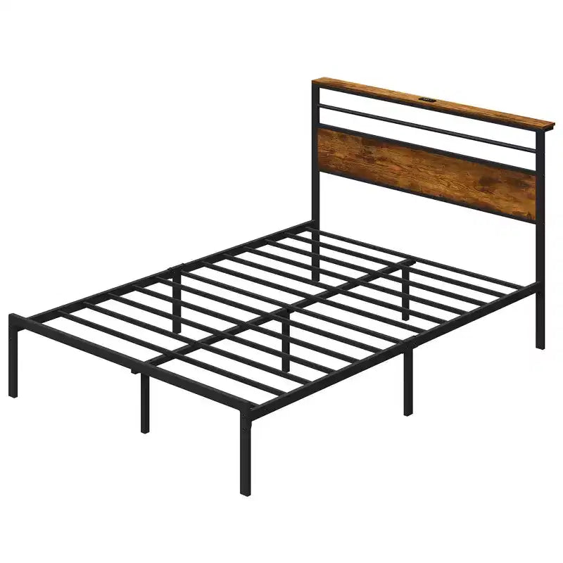 Cadre de lit Queen Size avec station de recharge, lit plateforme avec lattes métalliques, tête de lit rembourrée avec étagères de rangement, aucun sommier tapissier requis
