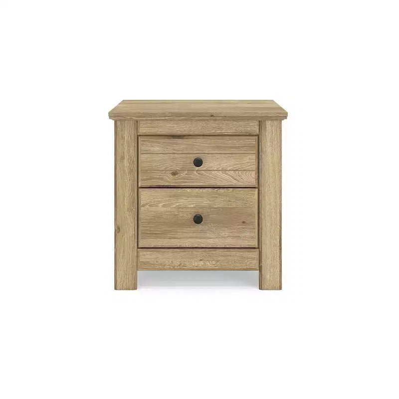 Table de chevet à deux tiroirs Ashley Allihauser Signature Design avec port de chargement USB, grain de chêne reproduit, finition beige naturel