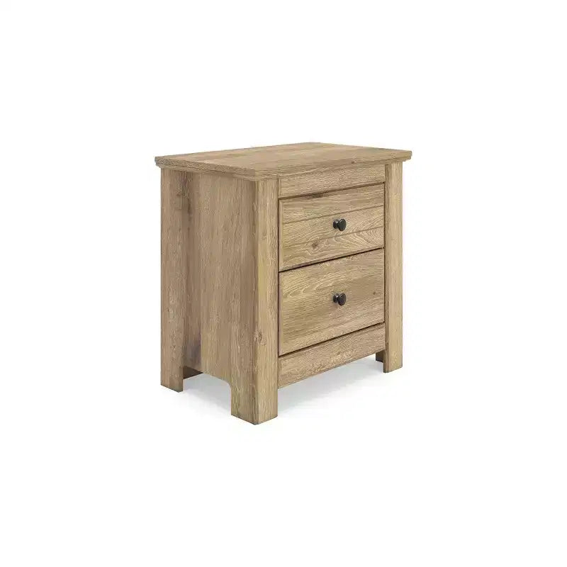 Table de chevet à deux tiroirs Ashley Allihauser Signature Design avec port de chargement USB, grain de chêne reproduit, finition beige naturel