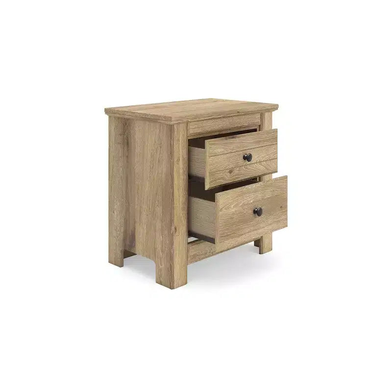 Table de chevet à deux tiroirs Ashley Allihauser Signature Design avec port de chargement USB, grain de chêne reproduit, finition beige naturel