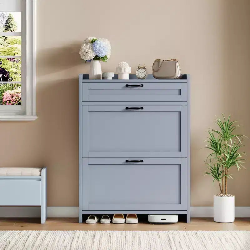 Meuble à chaussures vert laqué de 80 cm de large, avec 2 tiroirs abattants, organisateur autoportant avec rangement dissimulé pour entrée et couloir