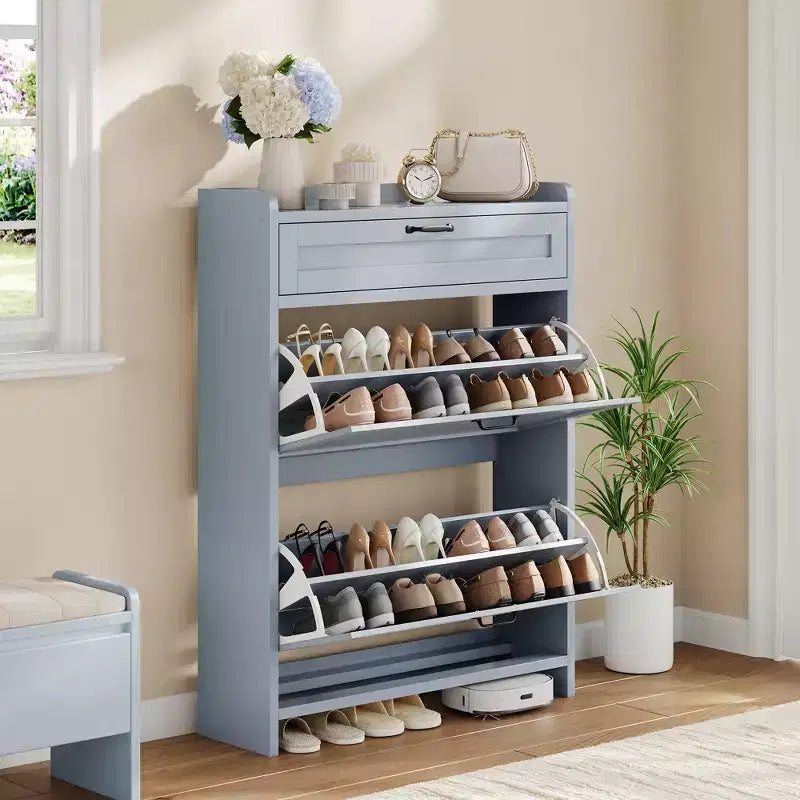 Meuble à chaussures vert laqué de 80 cm de large, avec 2 tiroirs abattants, organisateur autoportant avec rangement dissimulé pour entrée et couloir