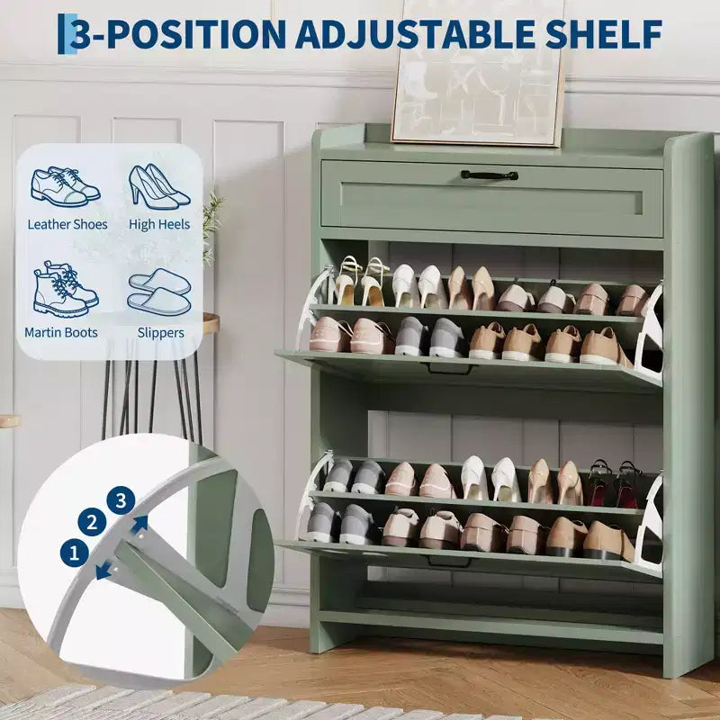 Meuble à chaussures vert laqué de 80 cm de large, avec 2 tiroirs abattants, organisateur autoportant avec rangement dissimulé pour entrée et couloir