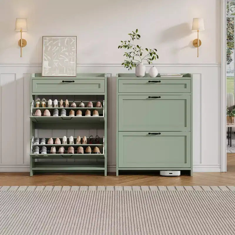 Meuble à chaussures vert laqué de 80 cm de large, avec 2 tiroirs abattants, organisateur autoportant avec rangement dissimulé pour entrée et couloir