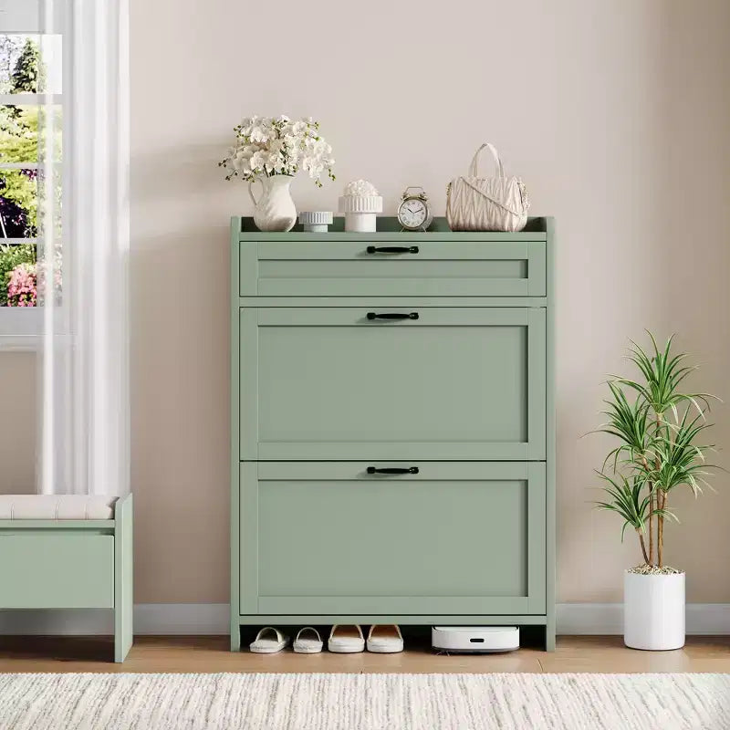 Meuble à chaussures vert laqué de 80 cm de large, avec 2 tiroirs abattants, organisateur autoportant avec rangement dissimulé pour entrée et couloir