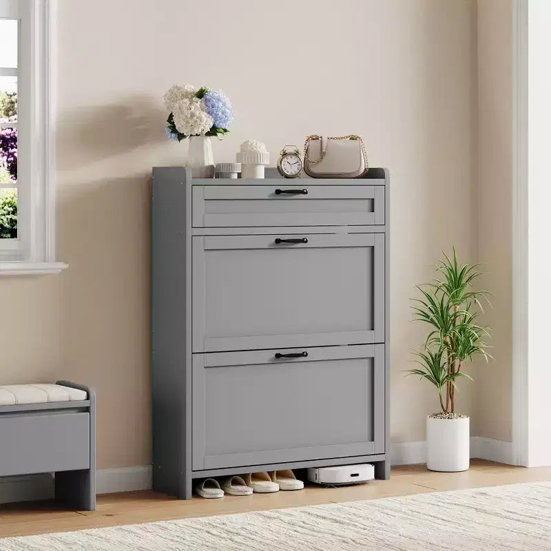 Meuble à chaussures vert laqué de 80 cm de large, avec 2 tiroirs abattants, organisateur autoportant avec rangement dissimulé pour entrée et couloir