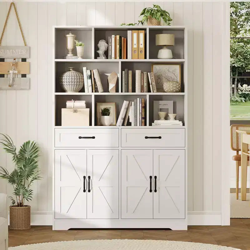 Acekool Étagère 6 Niveaux de 180 cm avec 8 Niches, 2 Tiroirs, 4 Portes pour Salon et Bureau