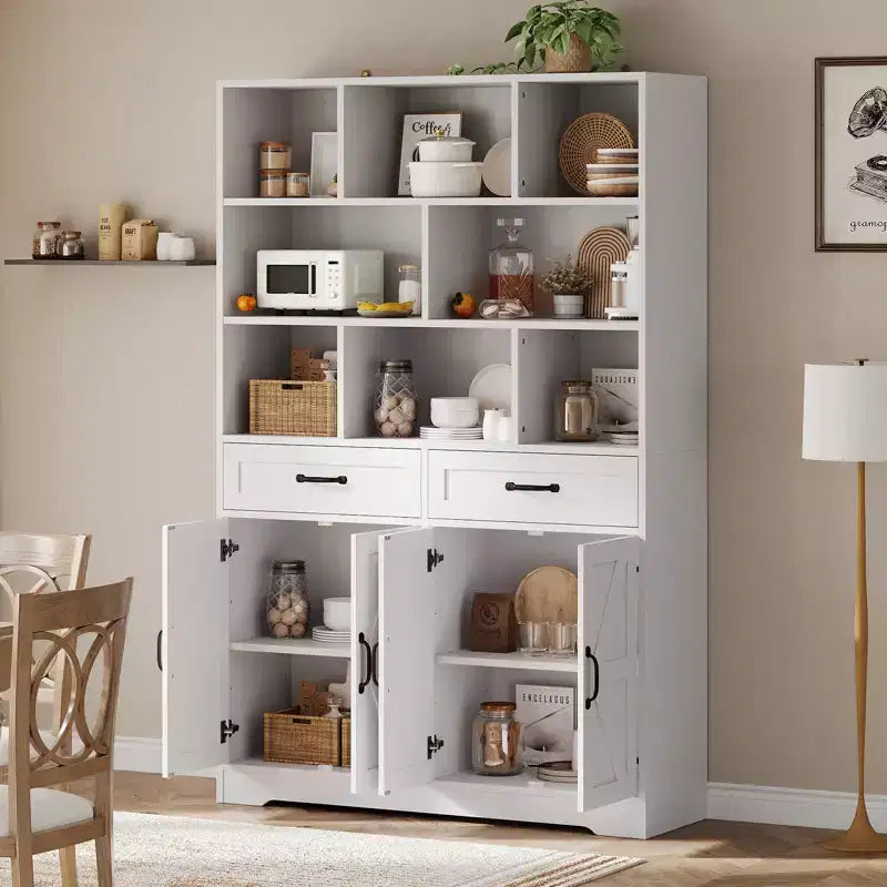 Acekool Étagère 6 Niveaux de 180 cm avec 8 Niches, 2 Tiroirs, 4 Portes pour Salon et Bureau