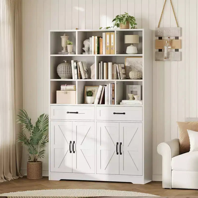 Acekool Étagère 6 Niveaux de 180 cm avec 8 Niches, 2 Tiroirs, 4 Portes pour Salon et Bureau