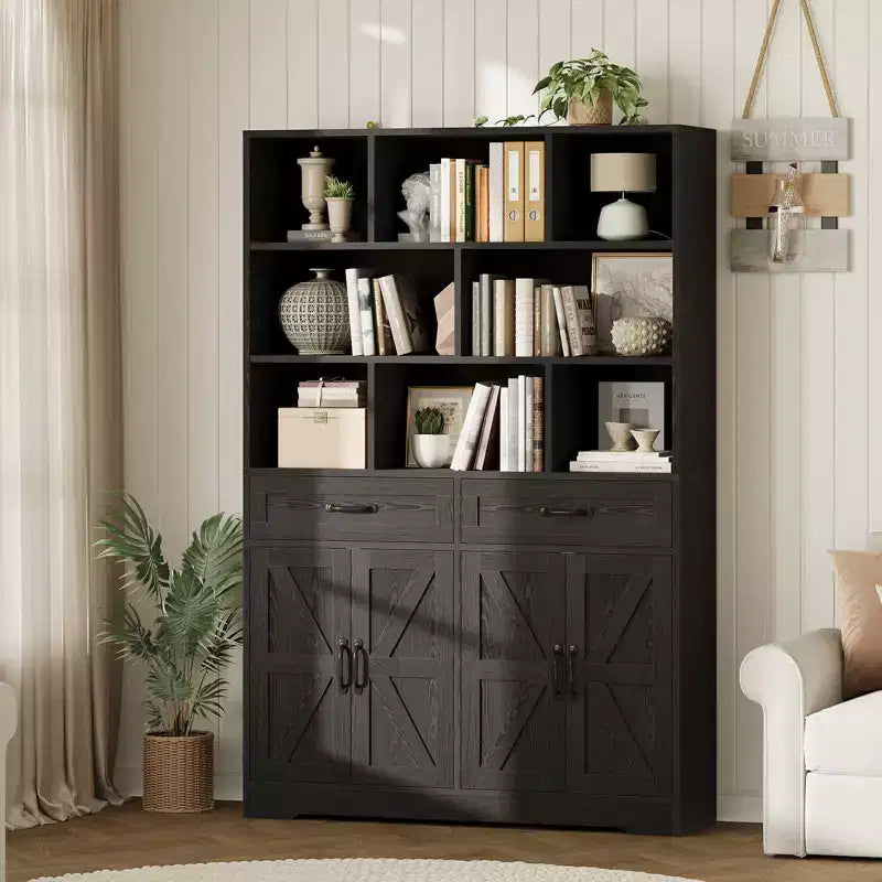 Acekool Étagère 6 Niveaux de 180 cm avec 8 Niches, 2 Tiroirs, 4 Portes pour Salon et Bureau
