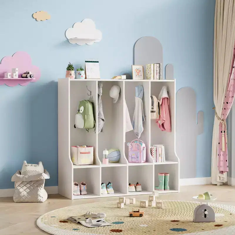 Vestiaire enfant 4 sections Acekool avec 4 casiers et 8 patères pour salle de classe, crèche et maison