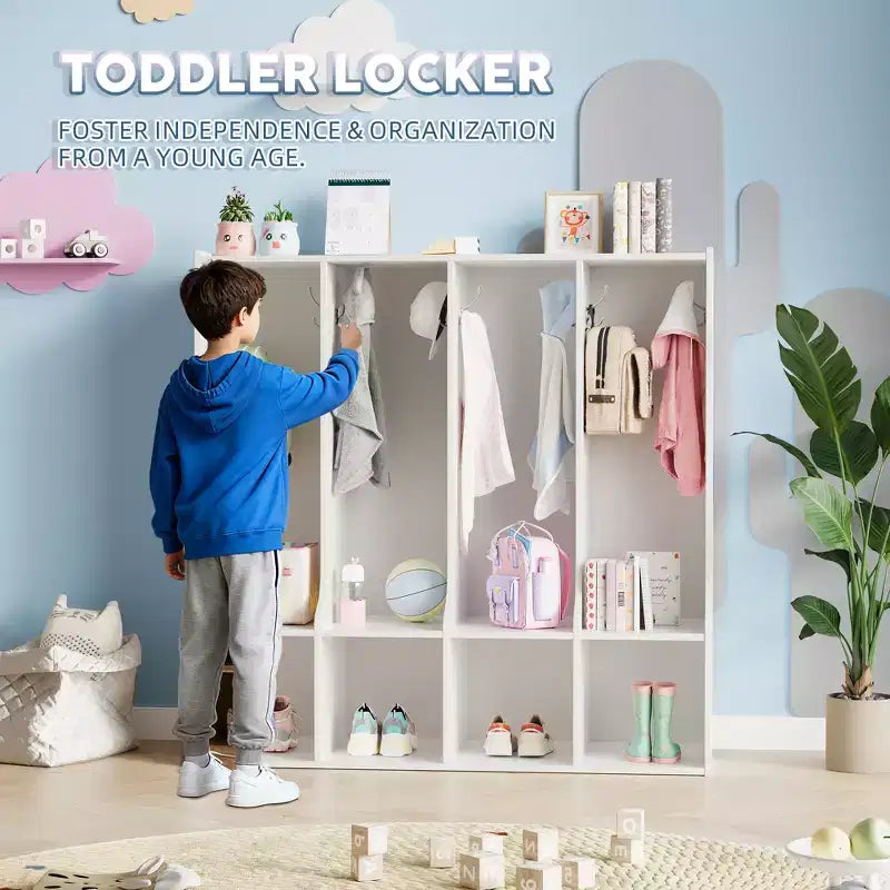Vestiaire enfant 4 sections Acekool avec 4 casiers et 8 patères pour salle de classe, crèche et maison