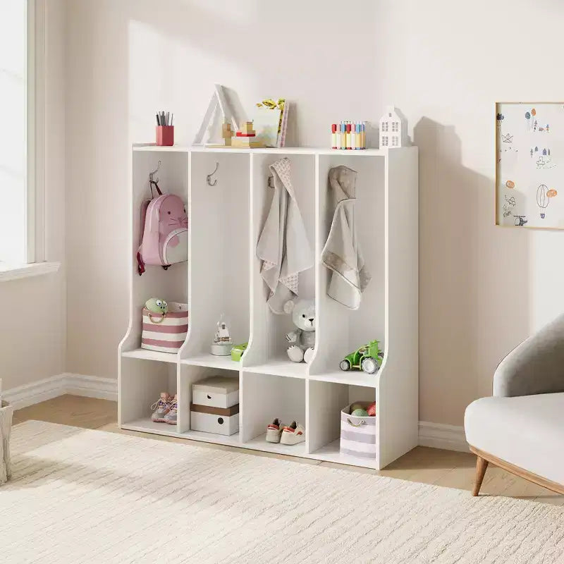 Vestiaire enfant 4 sections Acekool avec 4 casiers et 8 patères pour salle de classe, crèche et maison