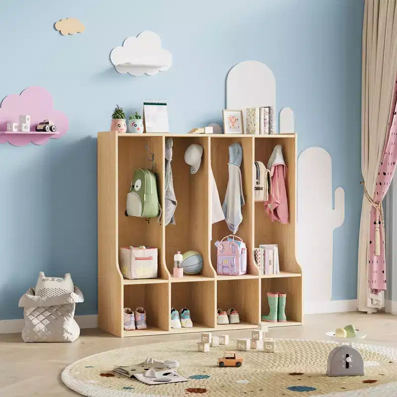 Vestiaire enfant 4 sections Acekool avec 4 casiers et 8 patères pour salle de classe, crèche et maison