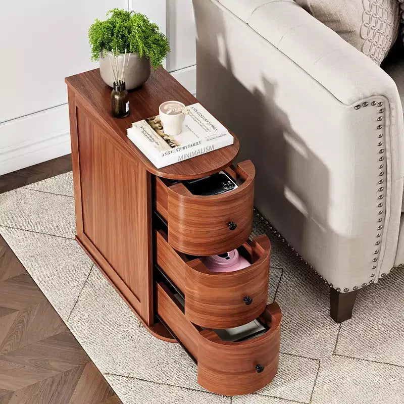 Table d'appoint Celebalcony avec 3 tiroirs pour lit ou canapé, Table de chevet étroite et mince, Armoire de rangement peu encombrante pour coin salon/chambre, Noyer