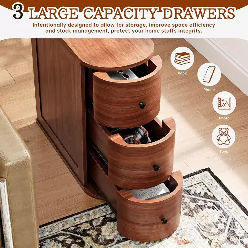 Table d'appoint Celebalcony avec 3 tiroirs pour lit ou canapé, Table de chevet étroite et mince, Armoire de rangement peu encombrante pour coin salon/chambre, Noyer