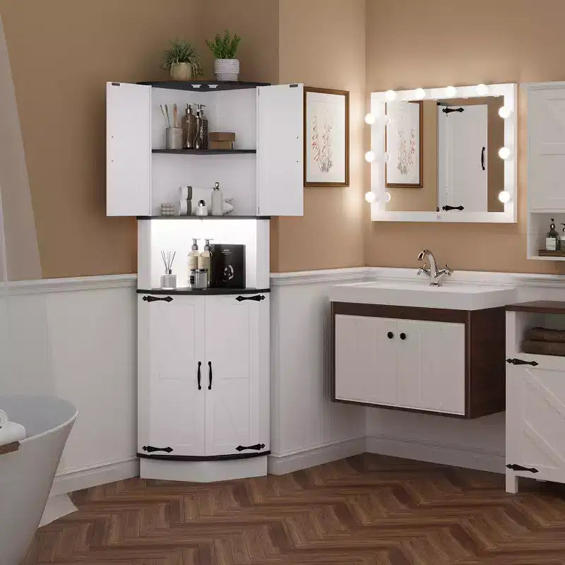 COZONY 65 Armoire d'angle de ferme avec portes de grange, meuble de rangement d'angle autoportant à 5 niveaux pour cuisine, salle de bain ou salon