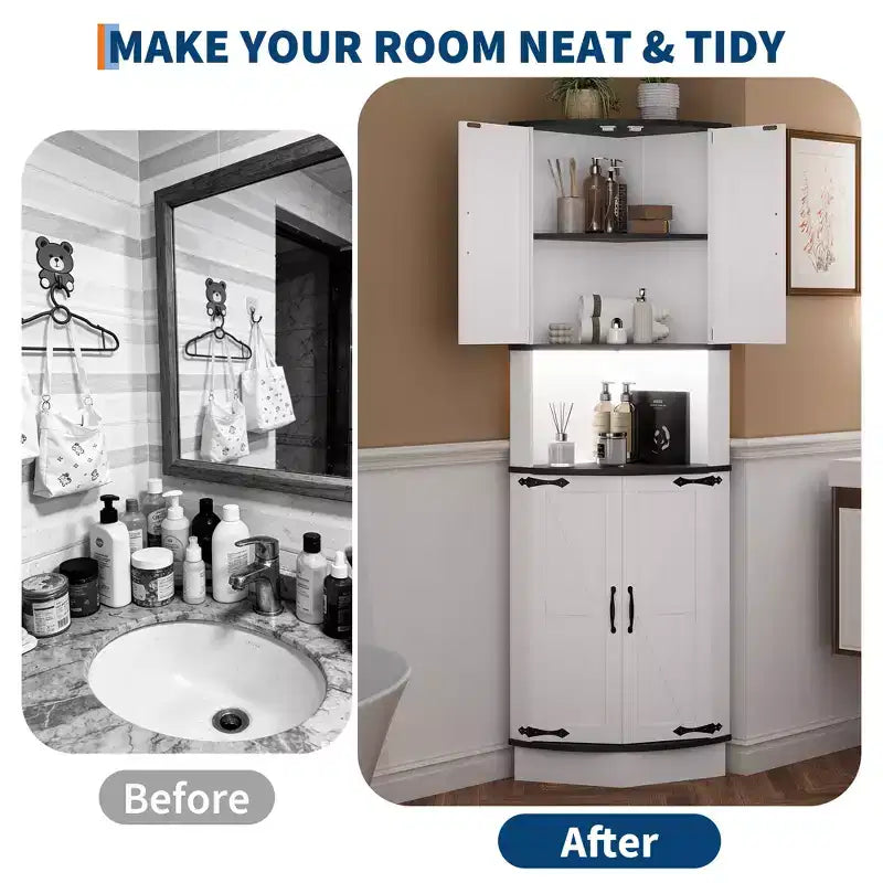 COZONY 65 Armoire d'angle de ferme avec portes de grange, meuble de rangement d'angle autoportant à 5 niveaux pour cuisine, salle de bain ou salon
