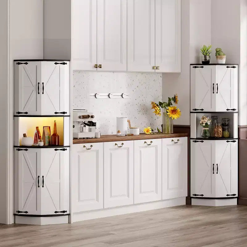 COZONY 65 Armoire d'angle de ferme avec portes de grange, meuble de rangement d'angle autoportant à 5 niveaux pour cuisine, salle de bain ou salon