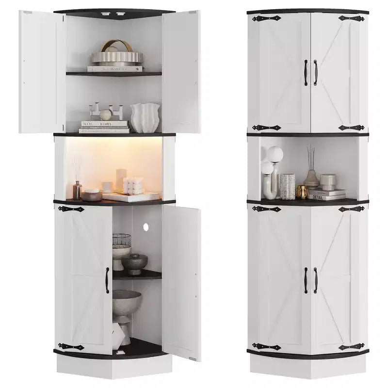 COZONY 65 Armoire d'angle de ferme avec portes de grange, meuble de rangement d'angle autoportant à 5 niveaux pour cuisine, salle de bain ou salon