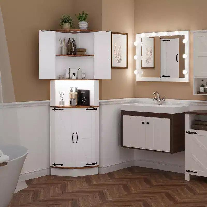 COZONY 65 Armoire d'angle de ferme avec portes de grange, meuble de rangement d'angle autoportant à 5 niveaux pour cuisine, salle de bain ou salon