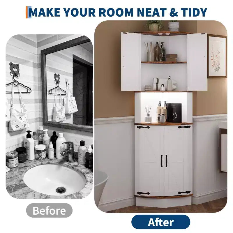 COZONY 65 Armoire d'angle de ferme avec portes de grange, meuble de rangement d'angle autoportant à 5 niveaux pour cuisine, salle de bain ou salon